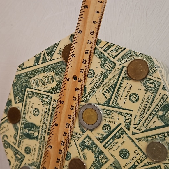 Money themed decoupaged box hand crafted foreign coins keepsake box paper lined - Picture 5 of 16